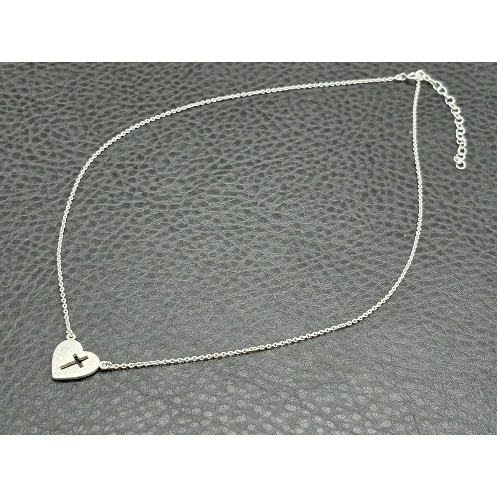 Sterling Silver 925 Heart Cross Pendant Chain Necklace Religious 16